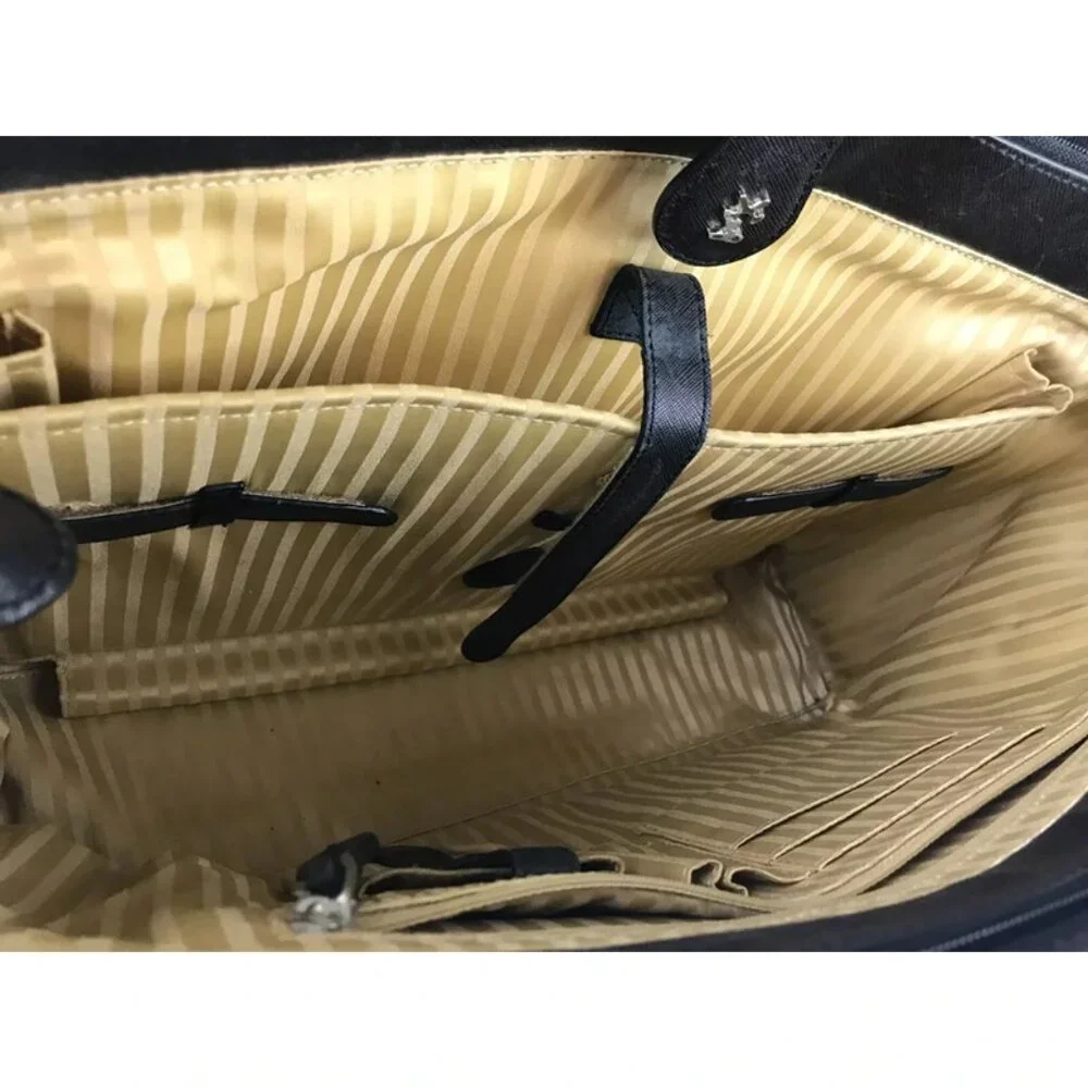 Moonsus Womens Black Beige‎ Lined Leather Inner Pockets Laptop Bag